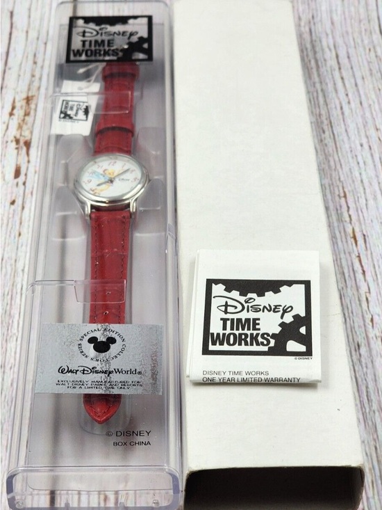 VTG Disney Time Works Tinker bell Silver Watch Red Leather NIB Holiday Edition main image 8